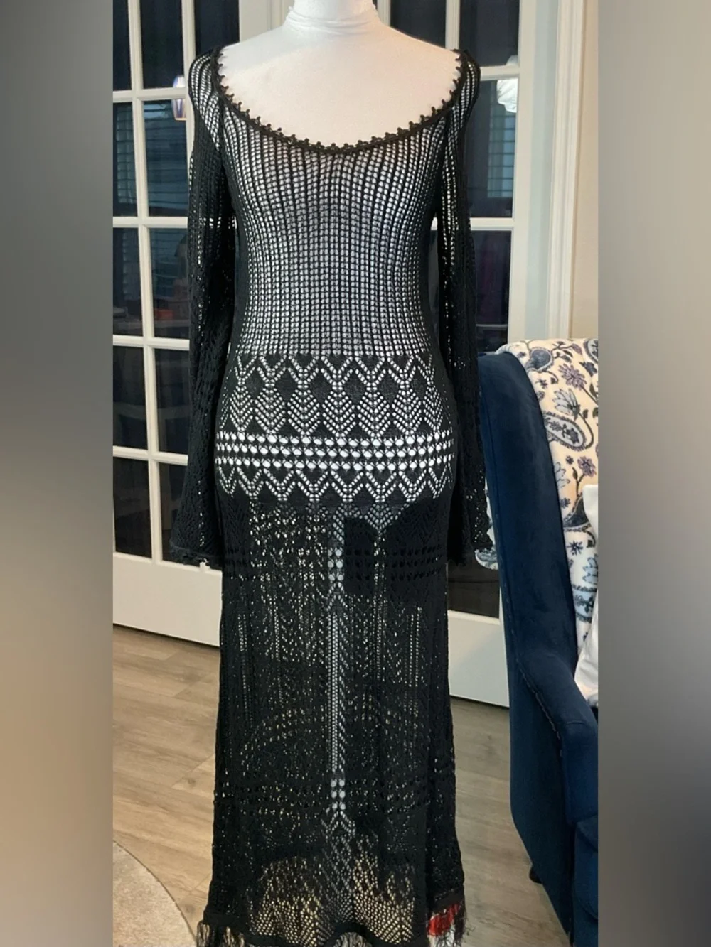 Cider Black Crochet Open Knit Maxi Dress Long Flare Slv., Fringe Hem Size M NWT - Picture 2 of 13